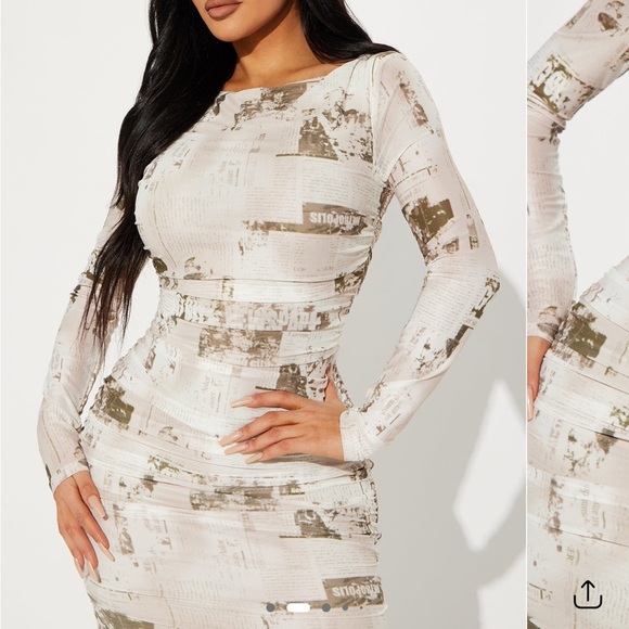 Fashion Nova Dresses & Skirts - Fashion Nova Tan and White Asymmetrical Long Sleeve Bodycon Dress NEVER WORN